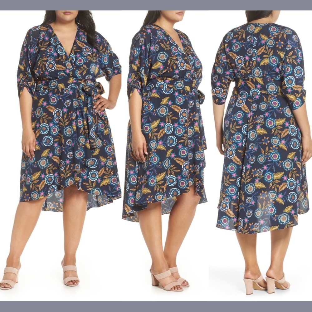 NEW‎ Eliza J Floral High/Low Wrap Dress in Blue [PLUS SZ 16W ]